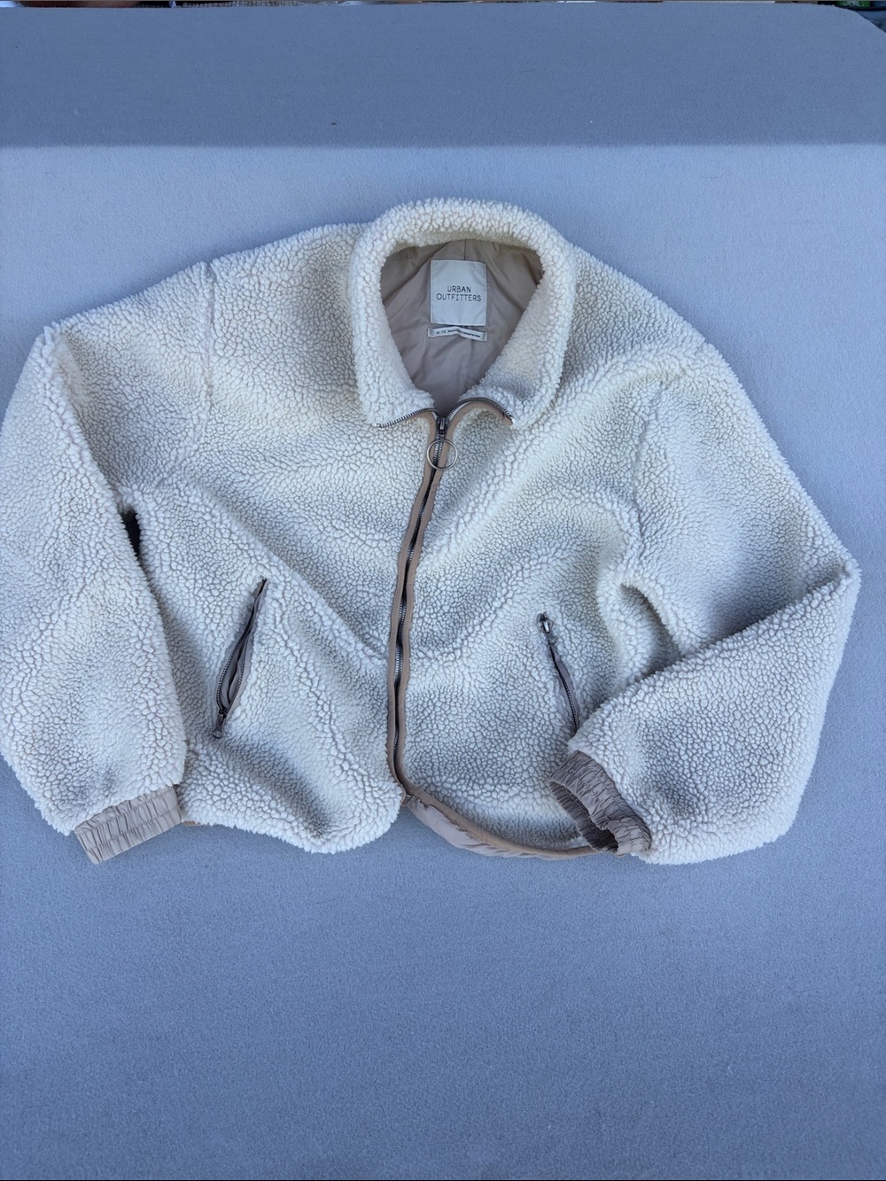 Urban Outfitters Off-White Sherpa Zip-Up Jacket with Tan Trim